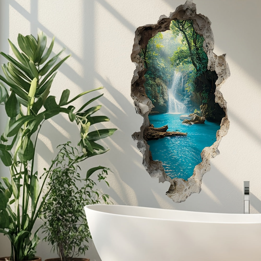 3D Waterfall Forest Wall Sticker – Self-Adhesive Bathroom Decal