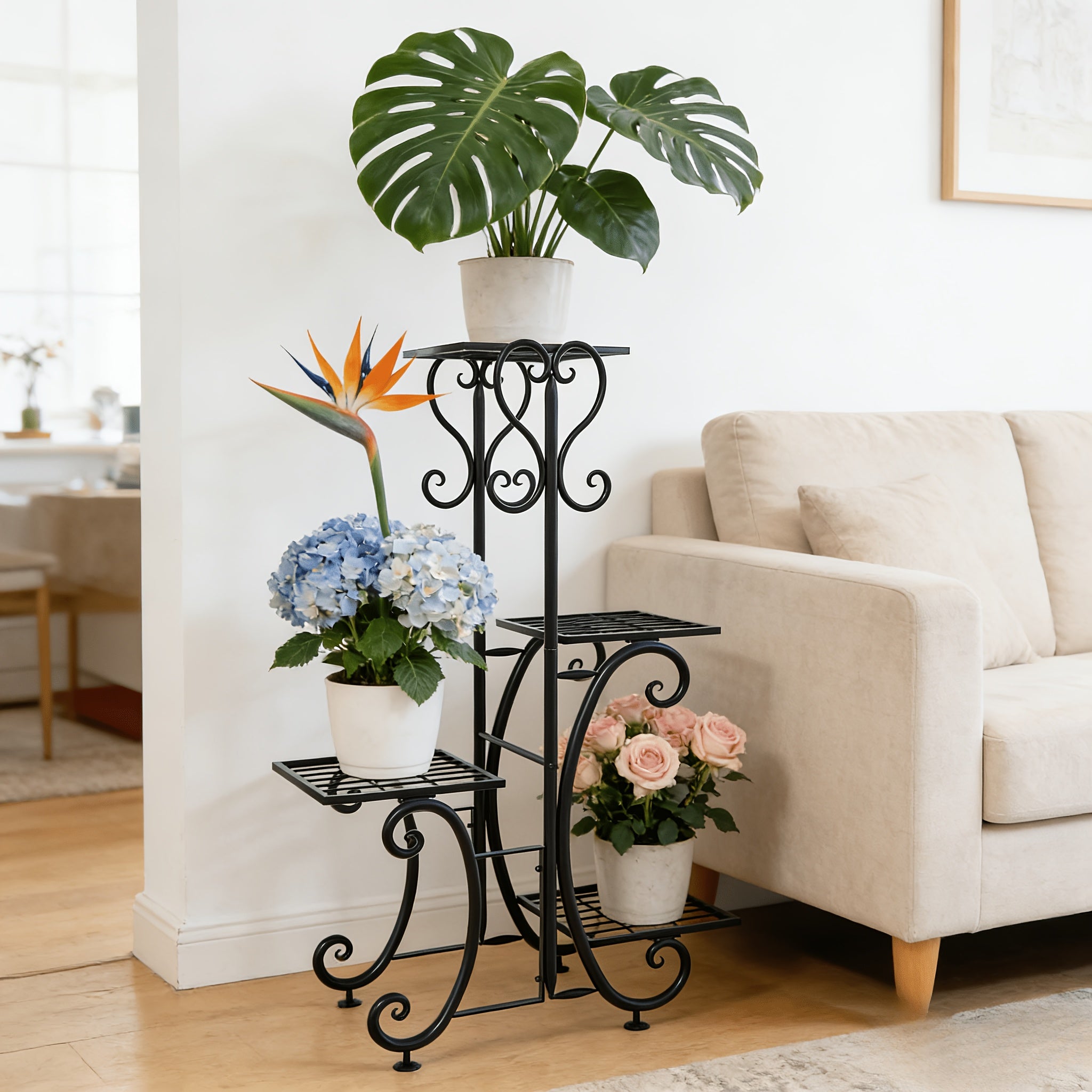 4-Tier Wrought Iron Plant Stand | Indoor & Outdoor Corner Flower Rack