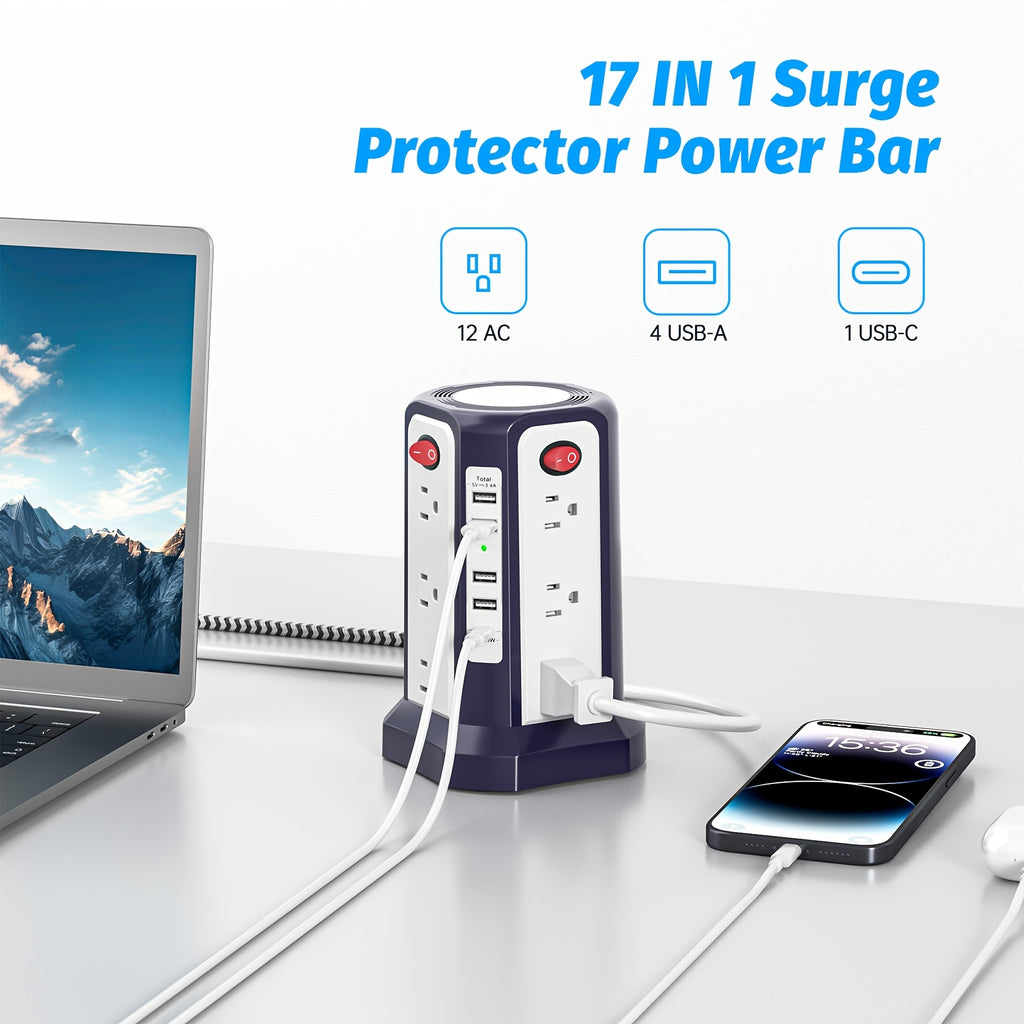 Power Strip Tower with USB-C | 16 AC Outlets & 5 USB Ports Surge Protector