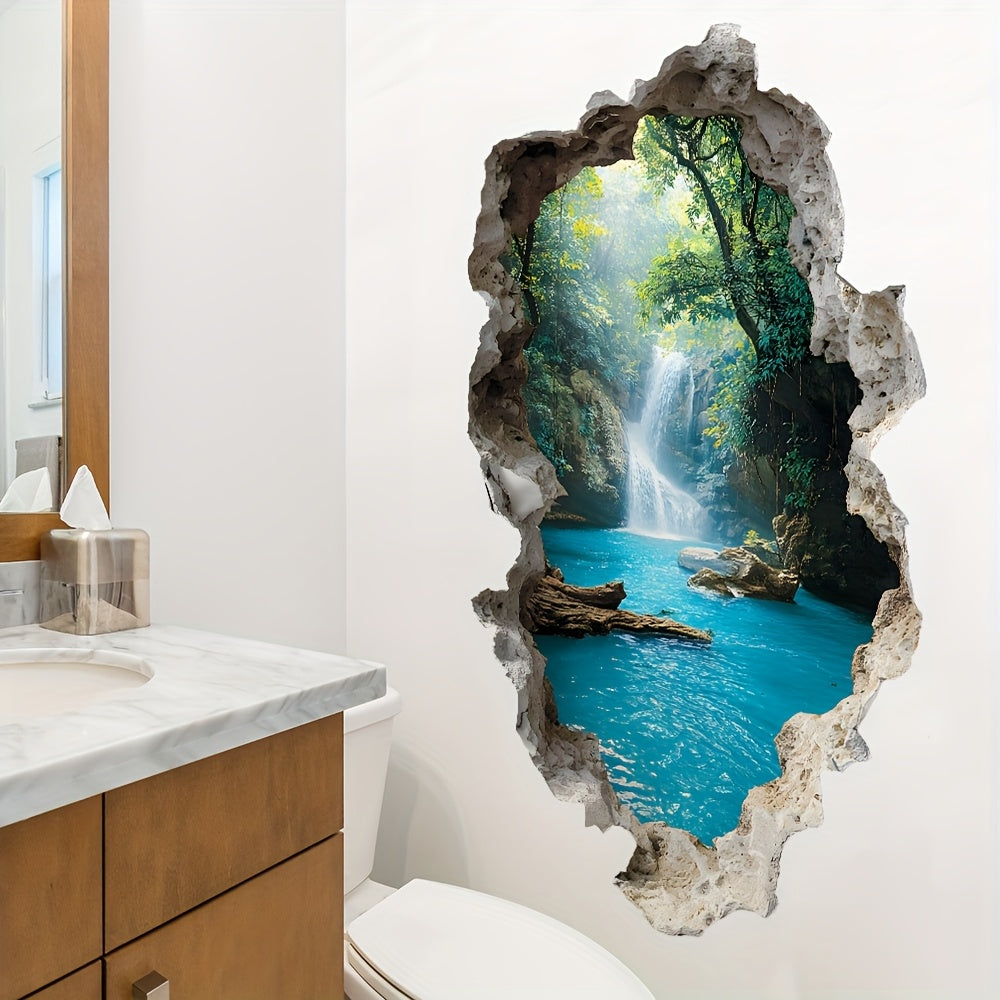 3D Waterfall Forest Wall Sticker – Self-Adhesive Bathroom Decal