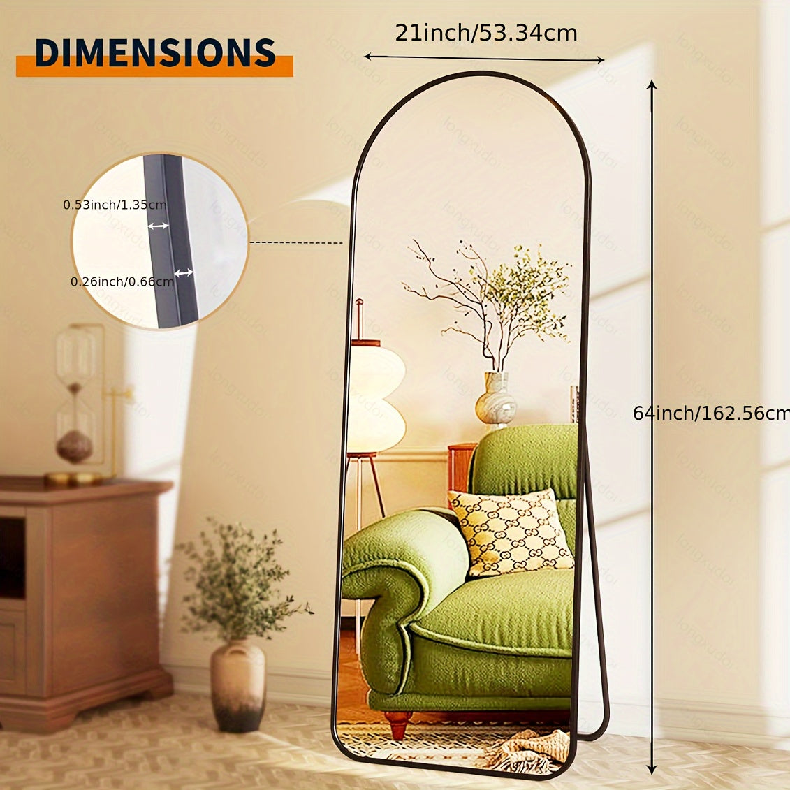 59" Arched Full-Length Floor Mirror | Freestanding | Black or Gold Frame