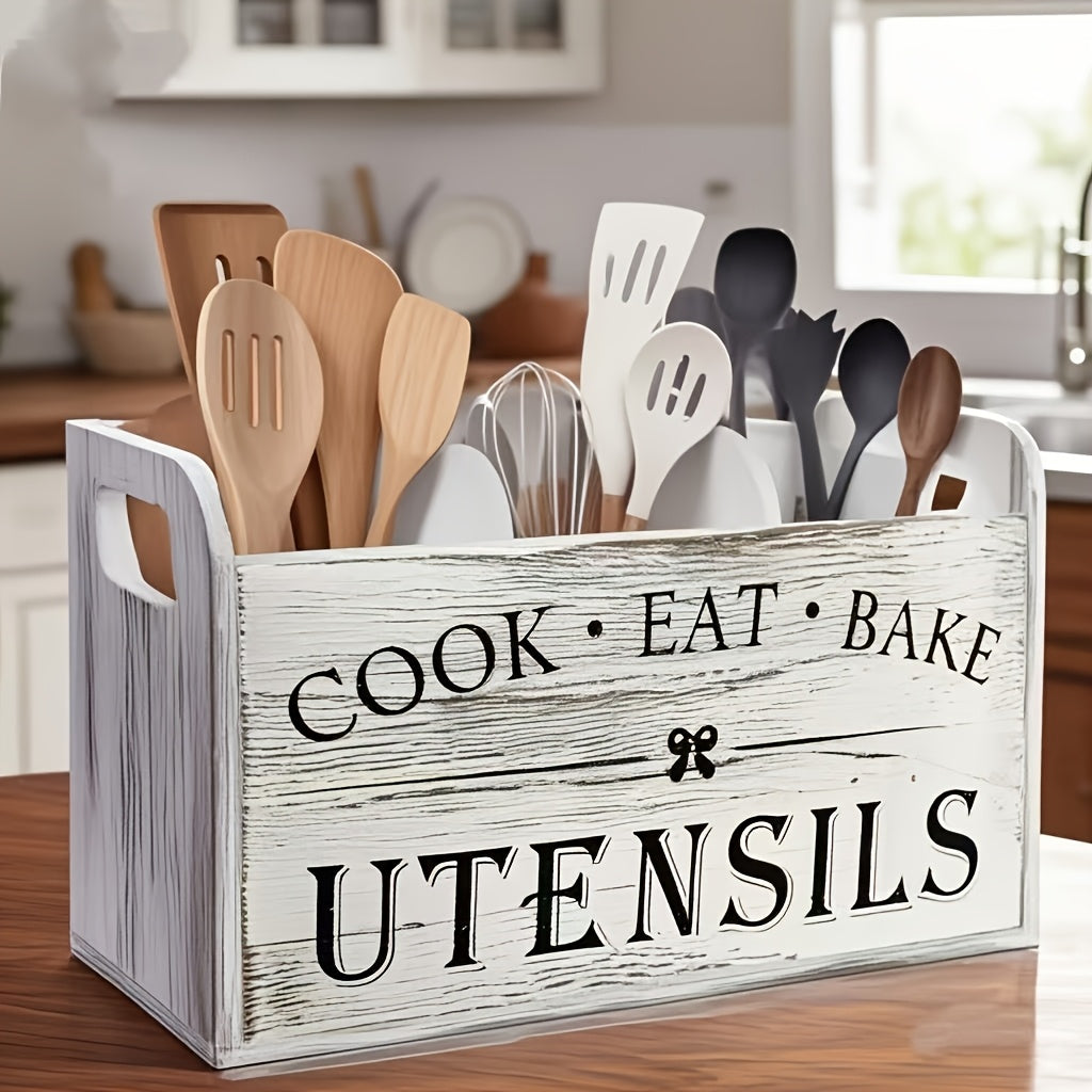 Rustic Wooden Utensil Organizer | 3-Compartment Countertop Caddy