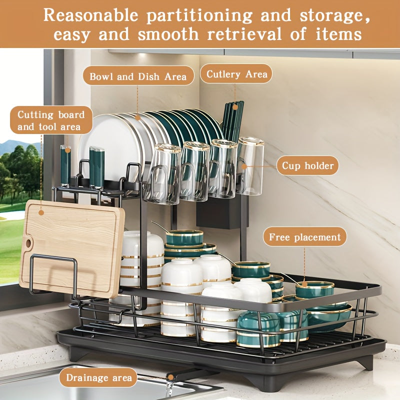 2-Tier Metal Dish Drying Rack | Cutlery & Cup Holder | Rust-Proof Drip Tray