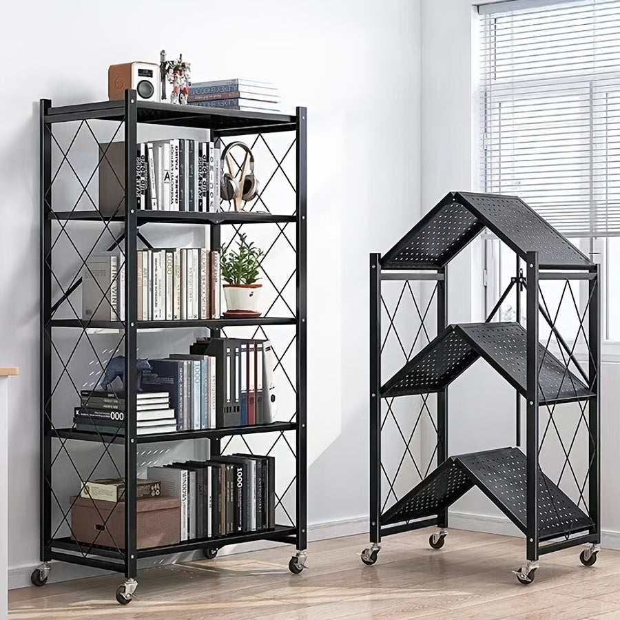 Wheeled Folding Bookshelf | 3, 4, or 5 Tier Metal Storage Rack