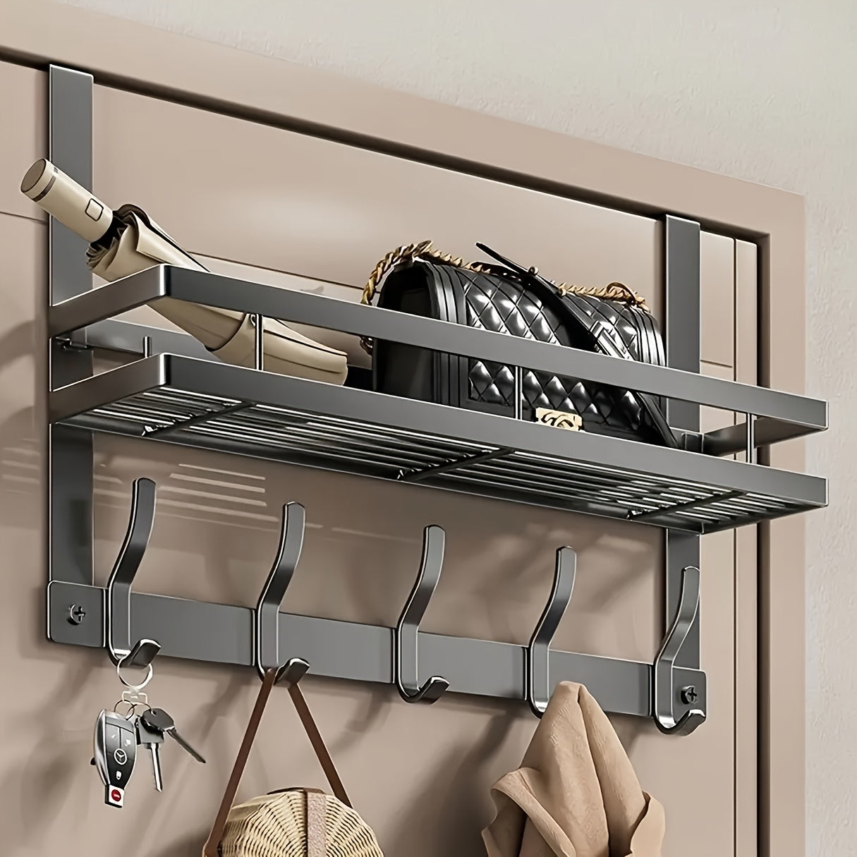Over-the-Door Storage Rack | Shelf + Hooks | No Tools Required