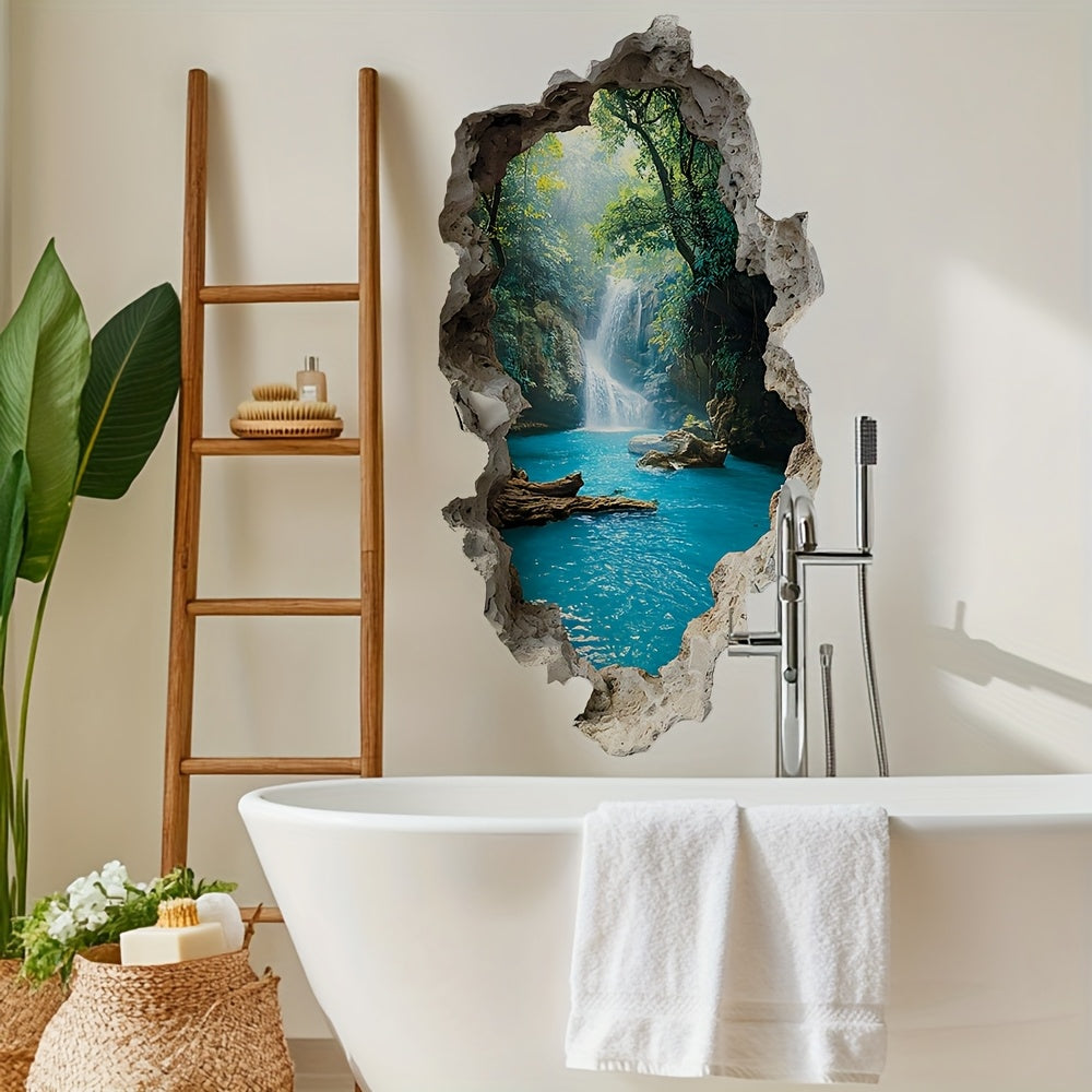 3D Waterfall Forest Wall Sticker – Self-Adhesive Bathroom Decal