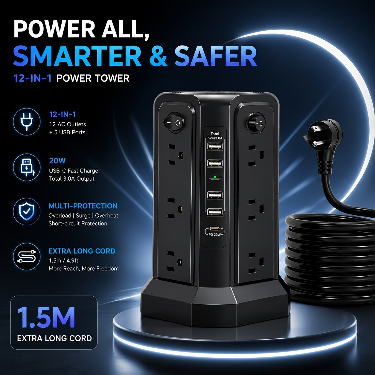 Power Strip Tower with USB-C | 16 AC Outlets & 5 USB Ports Surge Protector