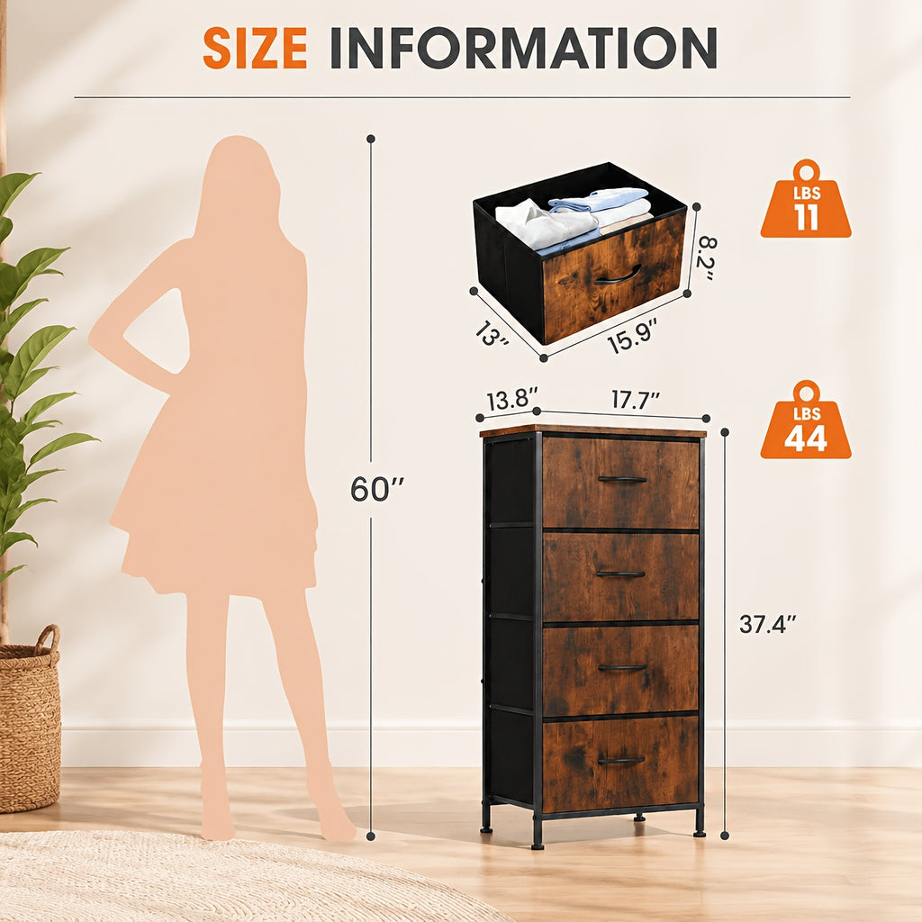 Fabric Drawer Dresser | 4 to 8 Drawers | Rustic Wood & Steel Frame