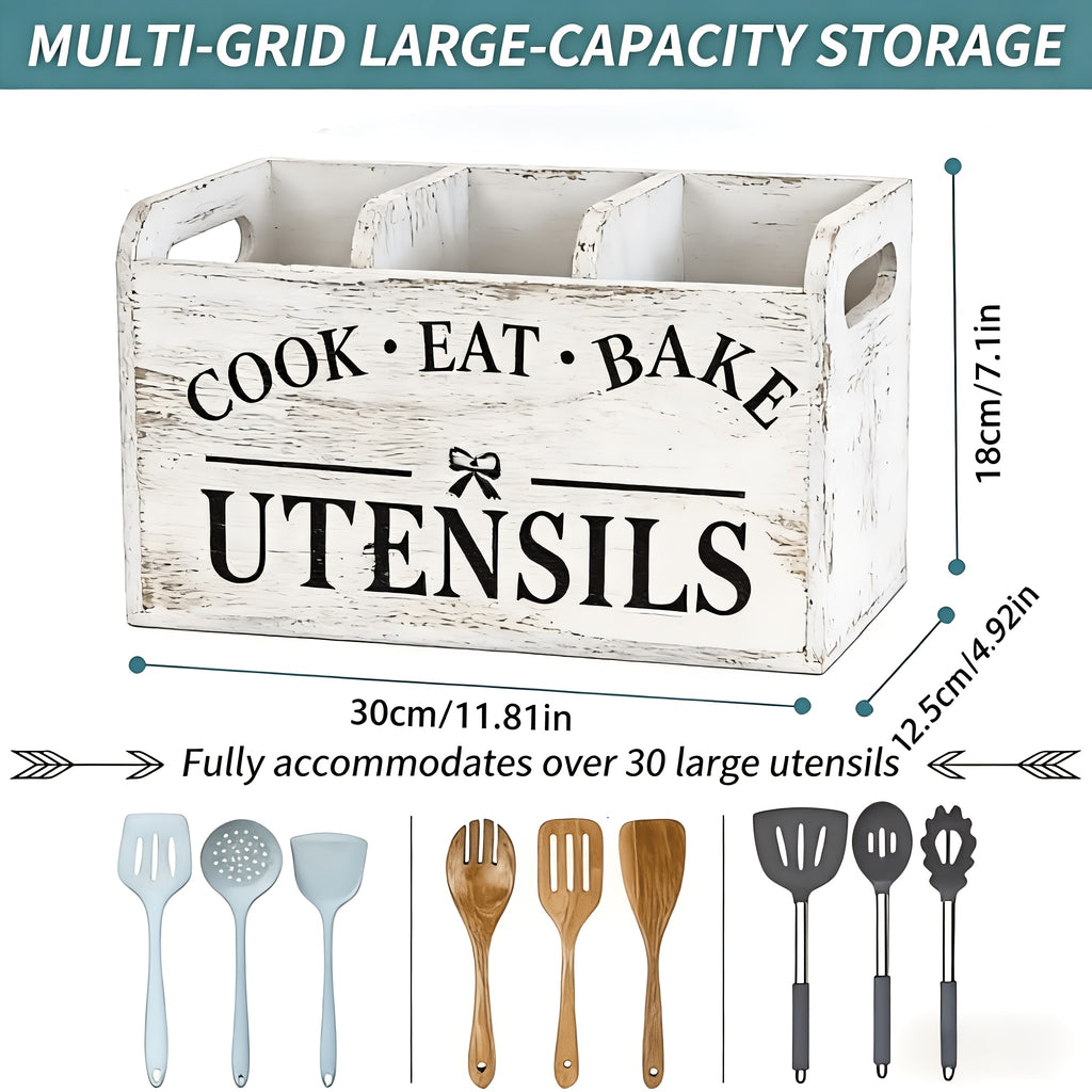 Rustic Wooden Utensil Organizer | 3-Compartment Countertop Caddy