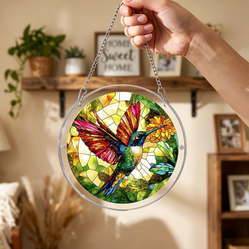 Hummingbird Stained Glass Suncatcher | Round Window Hanging Decor