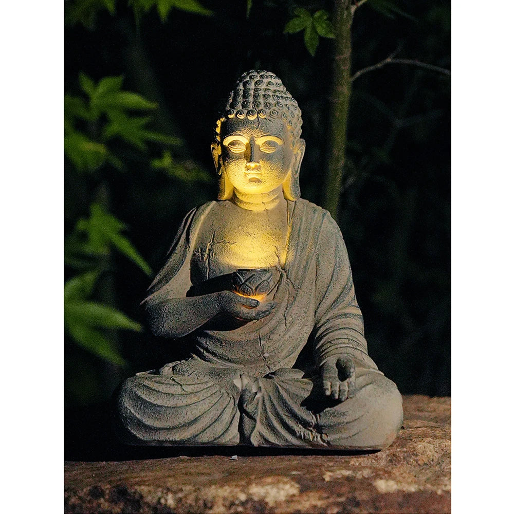 Solar Meditating Buddha Statue – Resin Garden Sculpture with Light