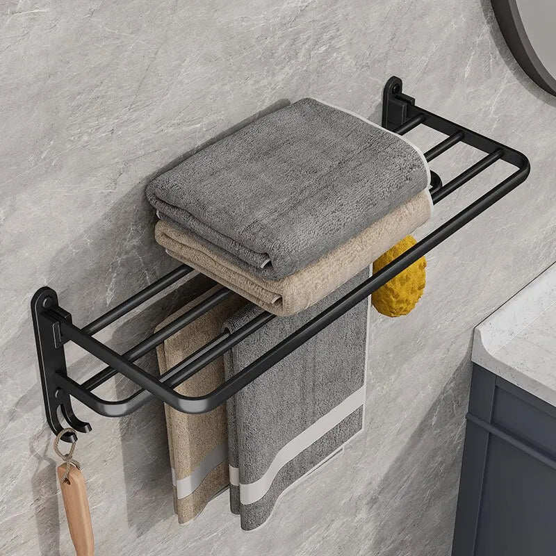 Matte Black Folding Towel Rack – Wall Mount, 50cm