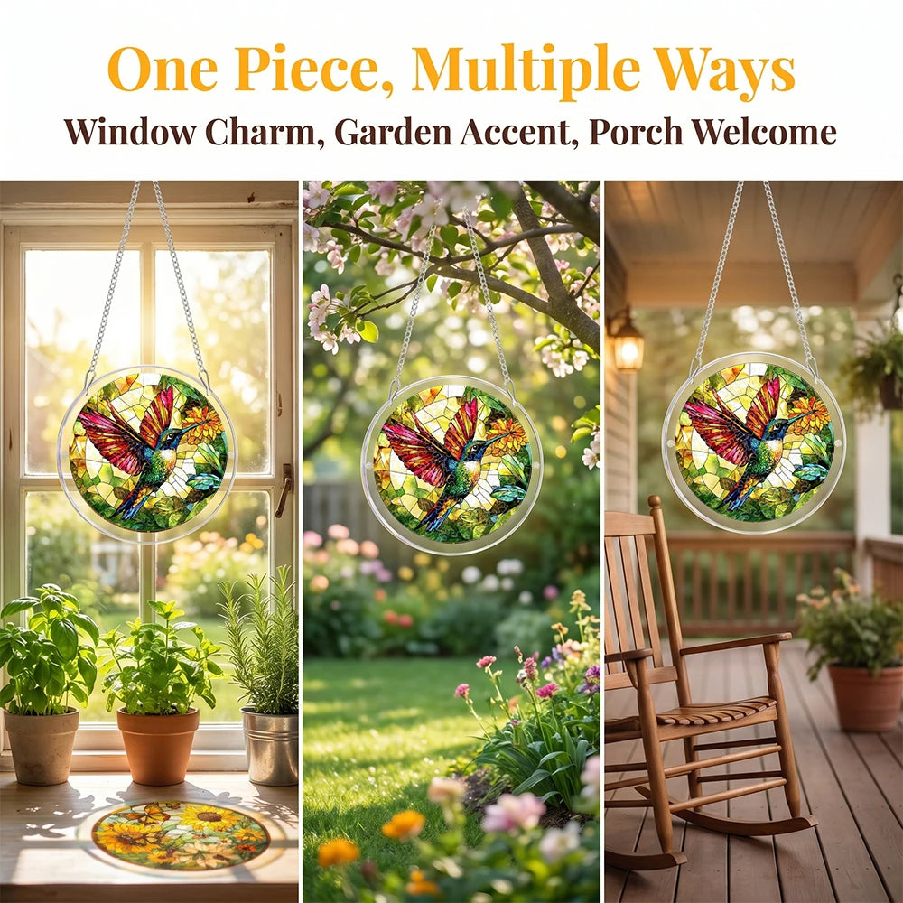 Hummingbird Stained Glass Suncatcher | Round Window Hanging Decor