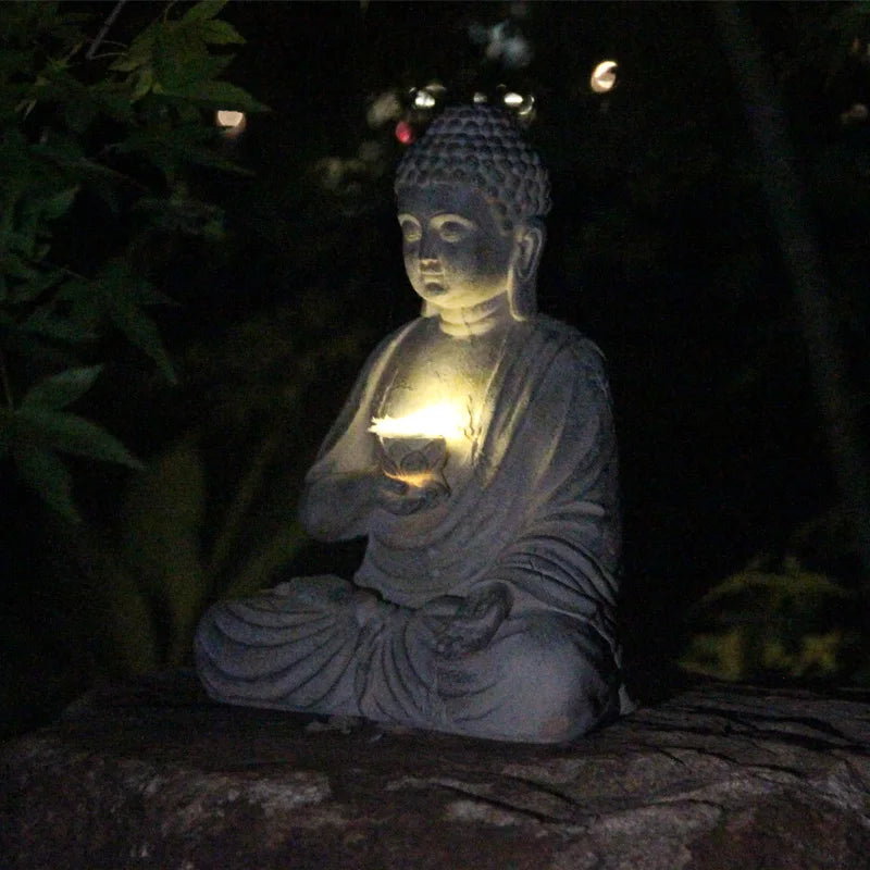 Solar Meditating Buddha Statue – Resin Garden Sculpture with Light