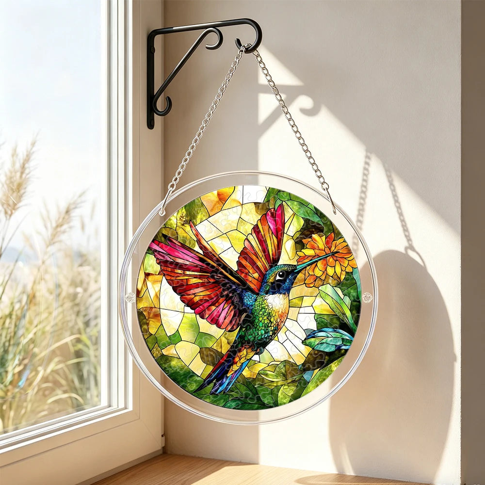 Hummingbird Stained Glass Suncatcher | Round Window Hanging Decor