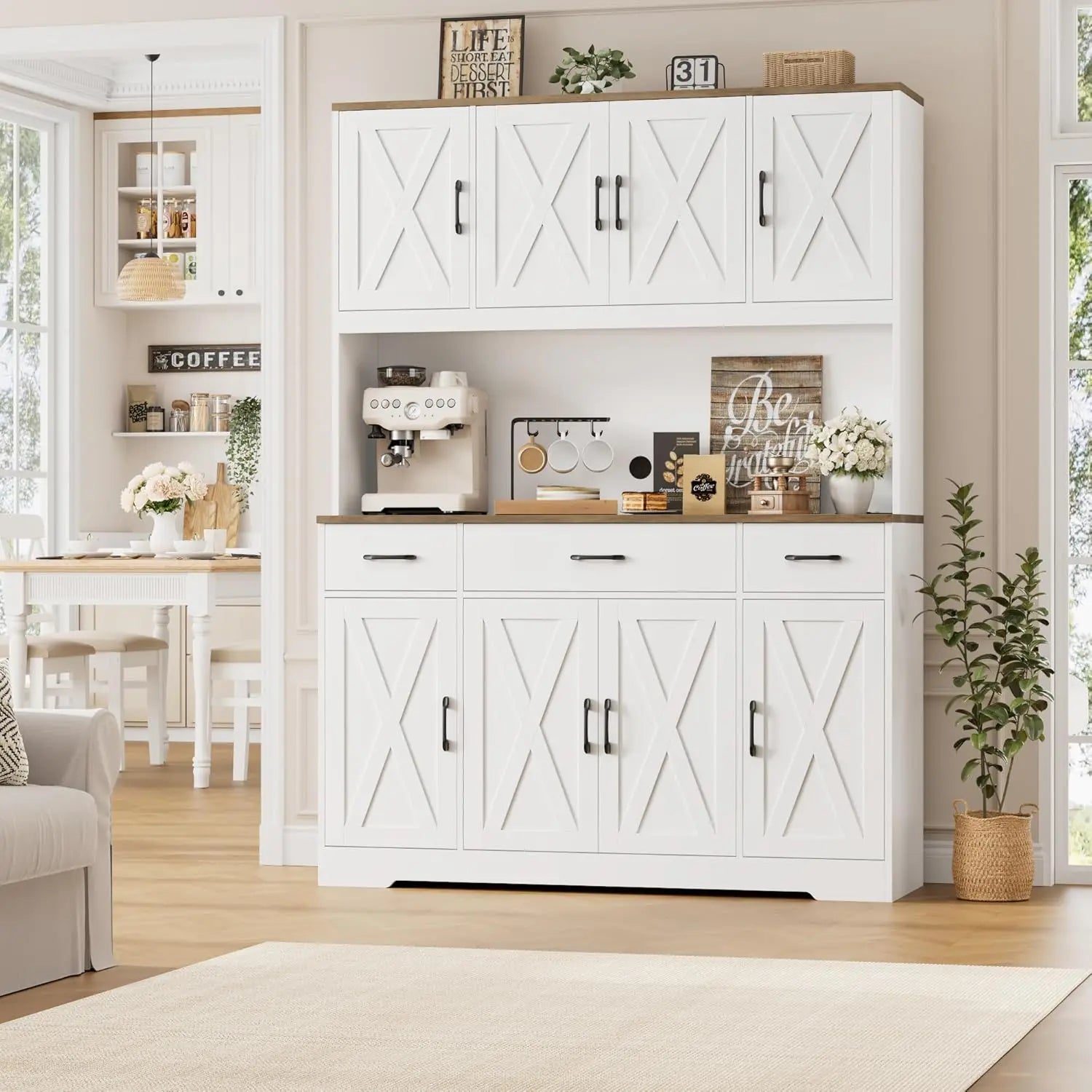 71" Tall Kitchen Pantry Cabinet with Charging Station | 55" Wide with Countertop