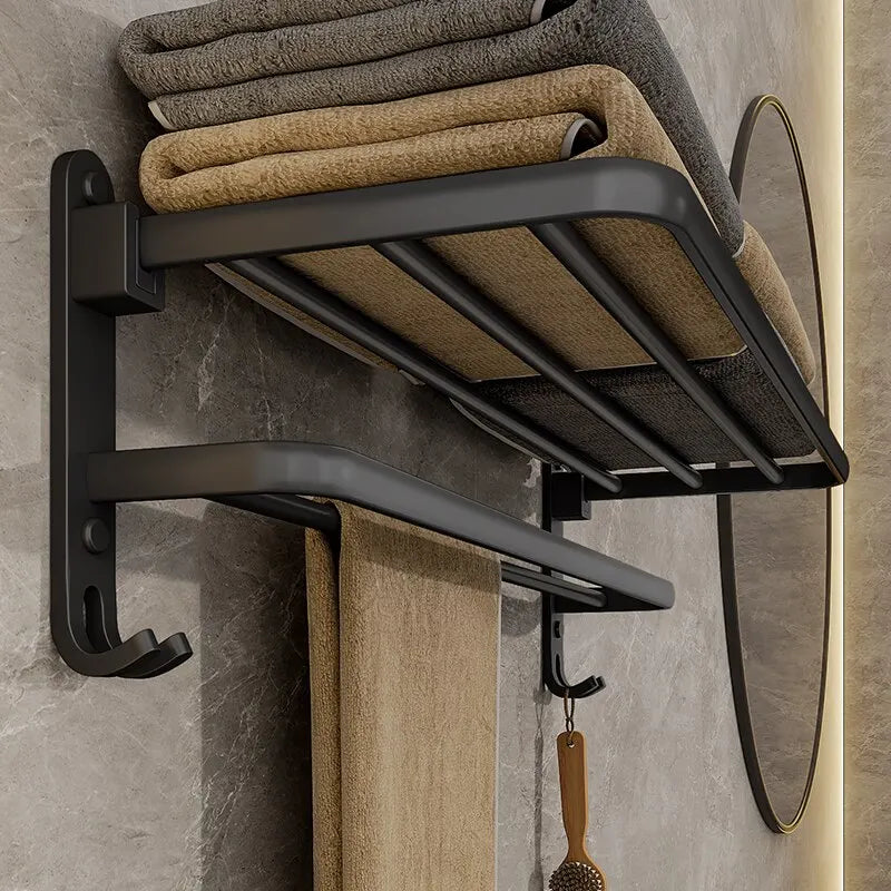 Matte Black Folding Towel Rack – Wall Mount, 50cm