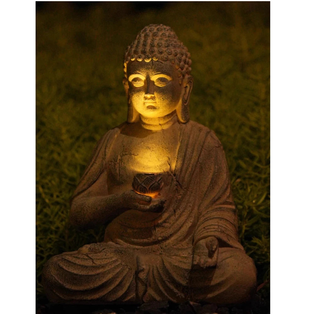 Solar Meditating Buddha Statue – Resin Garden Sculpture with Light