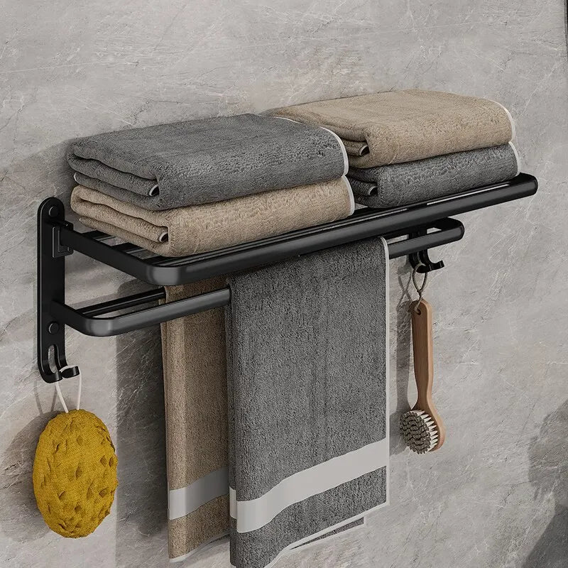 Matte Black Folding Towel Rack – Wall Mount, 50cm