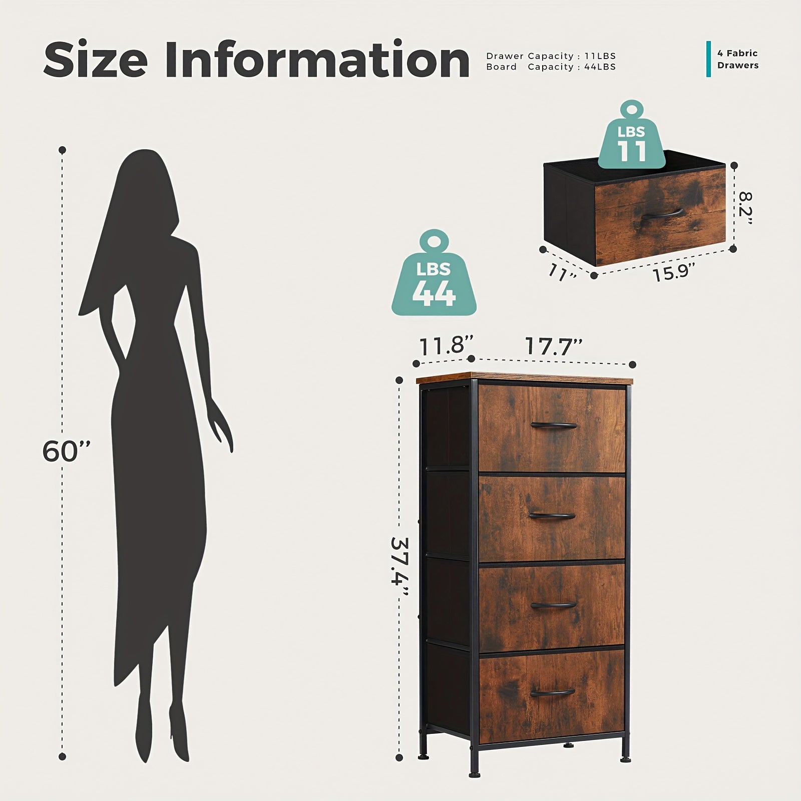 Skinny Fabric Dresser | 2 or 4 Drawers | Rustic Wood Top & Steel Frame
