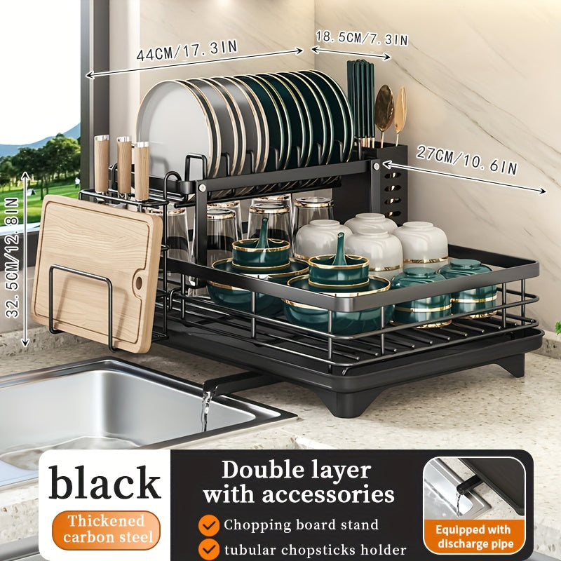 2-Tier Metal Dish Drying Rack | Cutlery & Cup Holder | Rust-Proof Drip Tray