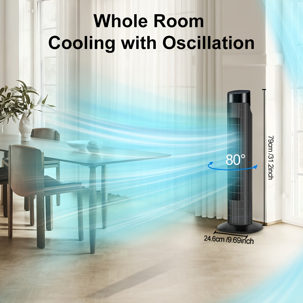 31" Quiet Tower Fan | 80° Oscillating | Remote, 7.5H Timer & 3 Speeds